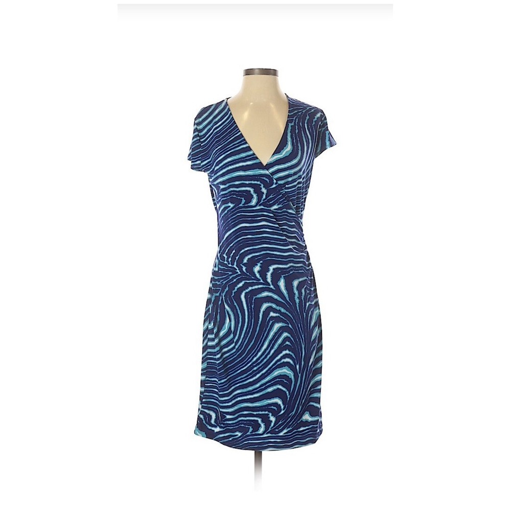 Jones New York Dress Sz Small Stretch Knit Faux Wrap Bodice Blue Print No Slit